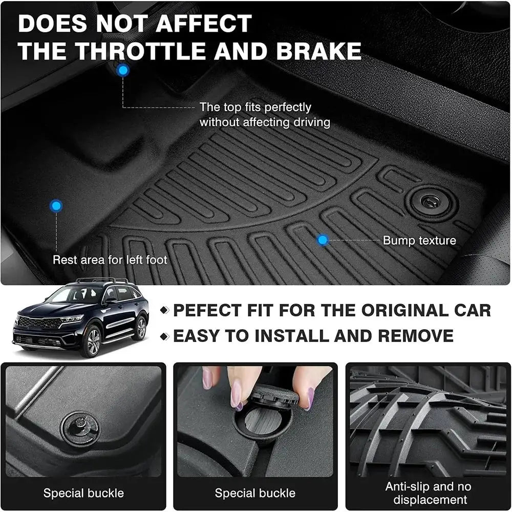 Simples Market All Weather TPE cargo liner for Kia Sorento Hybrid 2021–2026; black anti-slip mat with buckle fasteners.