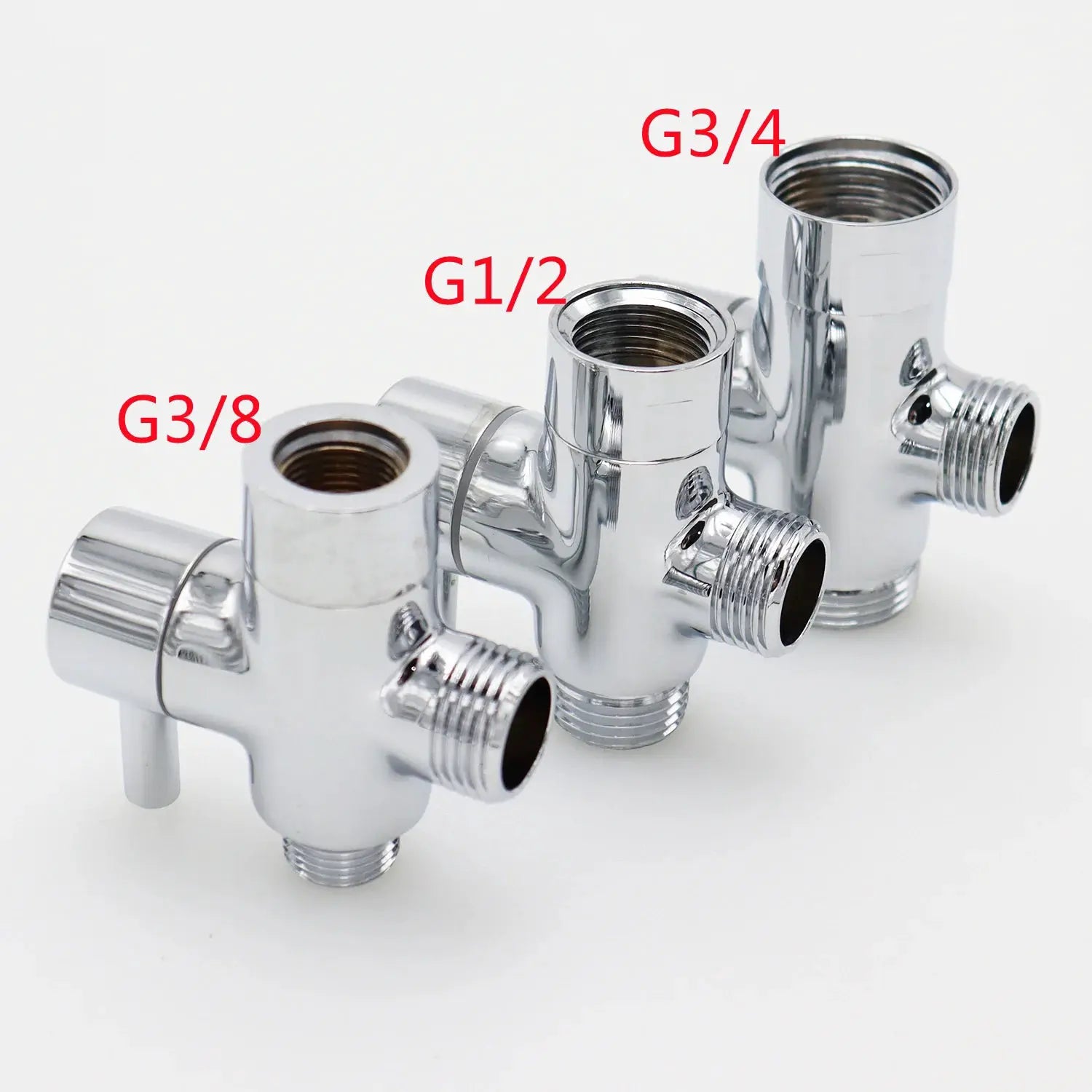 Simples Market chrome bidet T-adapter with shut-off valve, 3-way connectors for handheld spray (G3/8, G1/2, G3/4)