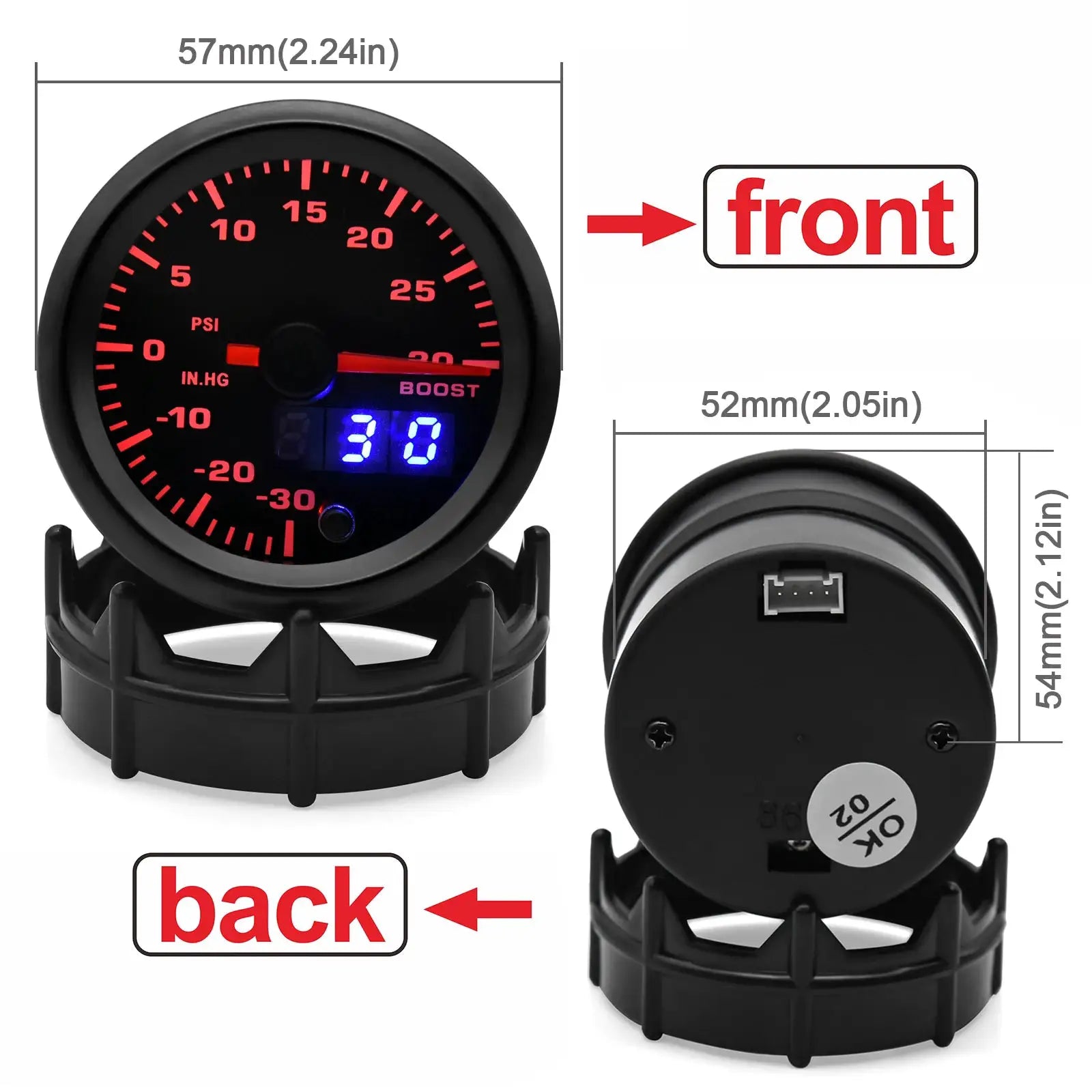 Boost gauge by Simples Market, 52mm dual-display LED with blue digital readout.