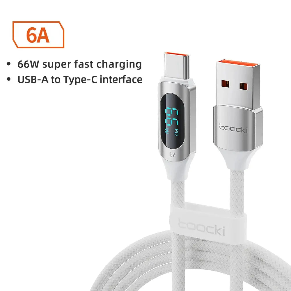 Toocki USB-A to USB-C fast charging cable with 66W PD display, white braided cord