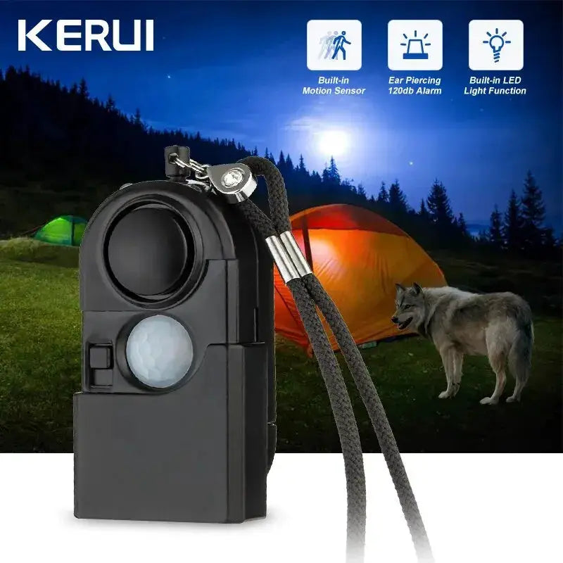 KERUI portable mini motion detector alarm; black device with 120dB siren and LED light