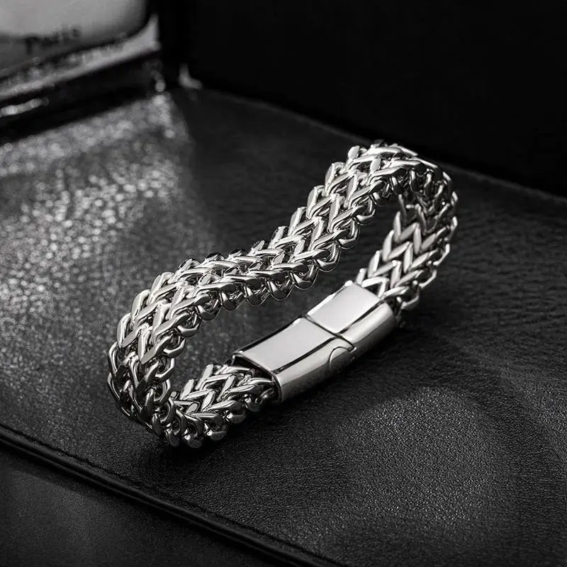 Stainless Steel Braided Double Row Front And Rear Fish Scale Bracelet With Magnetic Buckle