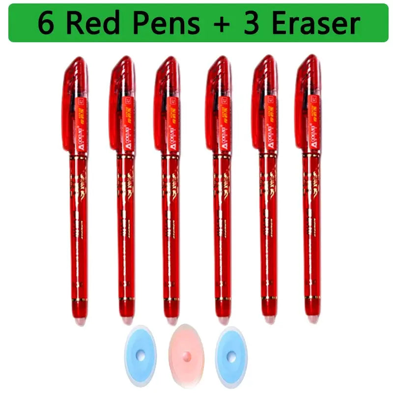 Simples Market six red erasable gel pens with three pastel erasers