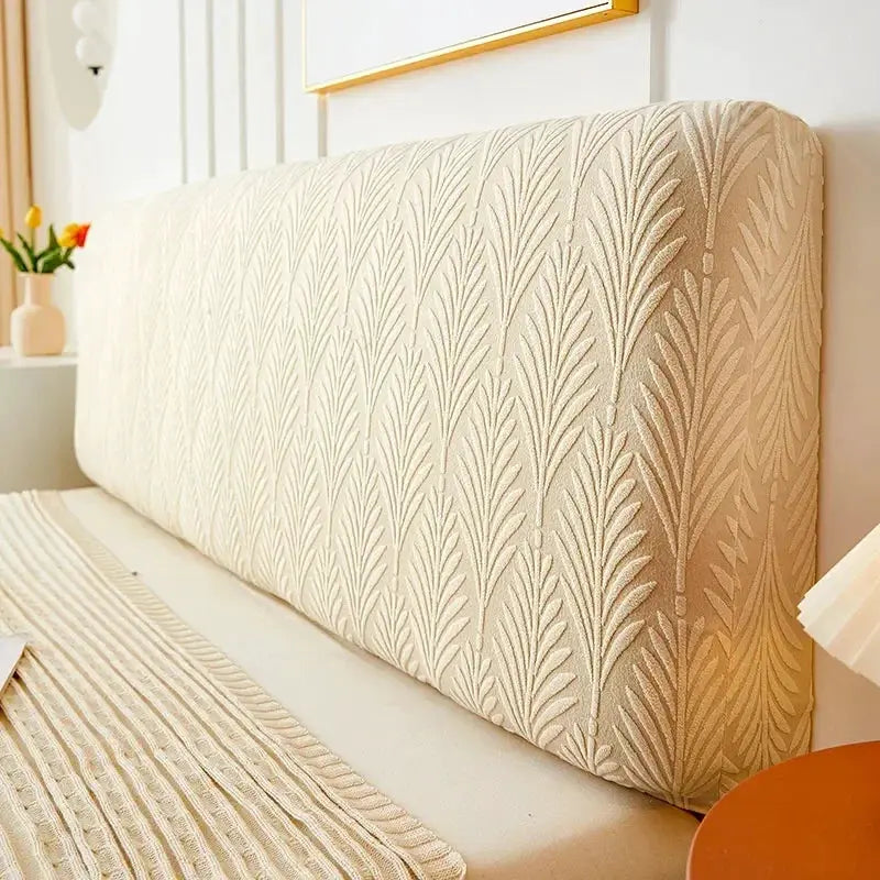 Jacquard bed headboard cover in beige with leaf pattern, elastic backrest slipcover for bedroom