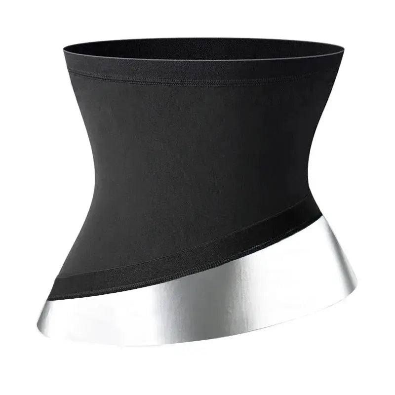 Men's black sauna waist trainer belt with silver metallic lower edge.