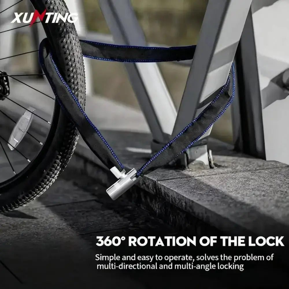Heavy-duty bike chain lock with blue nylon sleeve and 360° rotating lock by XUNTING