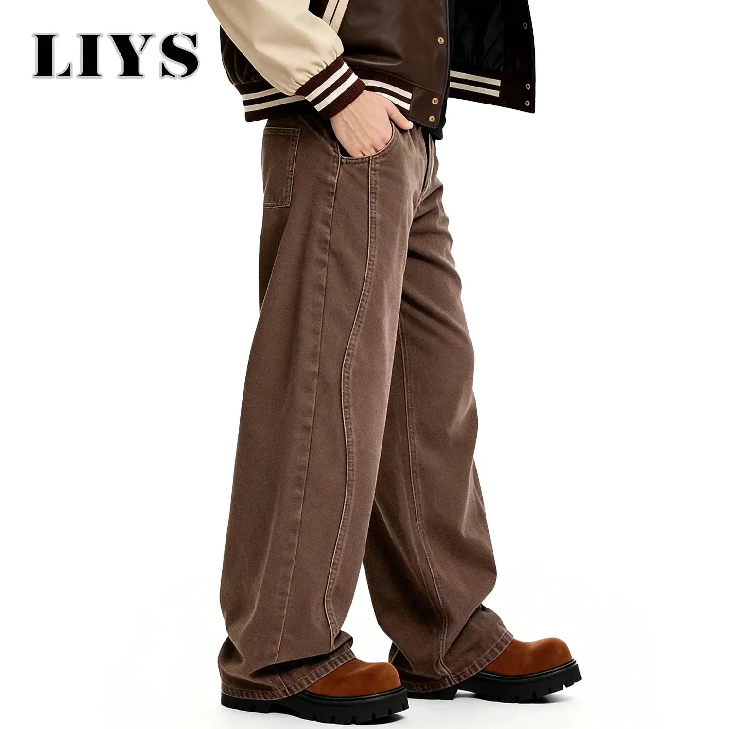 Brown wide-leg denim pants for men, casual baggy fit with large front pockets.
