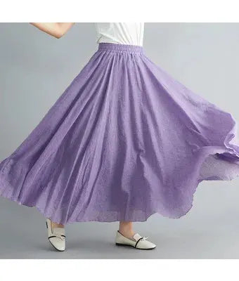 Simples Market solid purple cotton-linen Mori Girl long A-line skirt with elastic waist