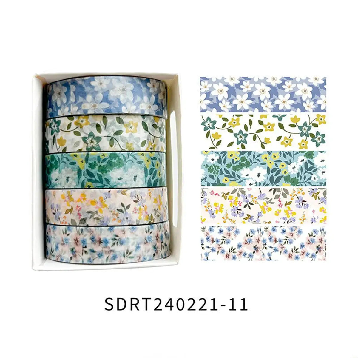 Floral washi tape set, 5 boxed rolls with pastel flower patterns by Simples Market