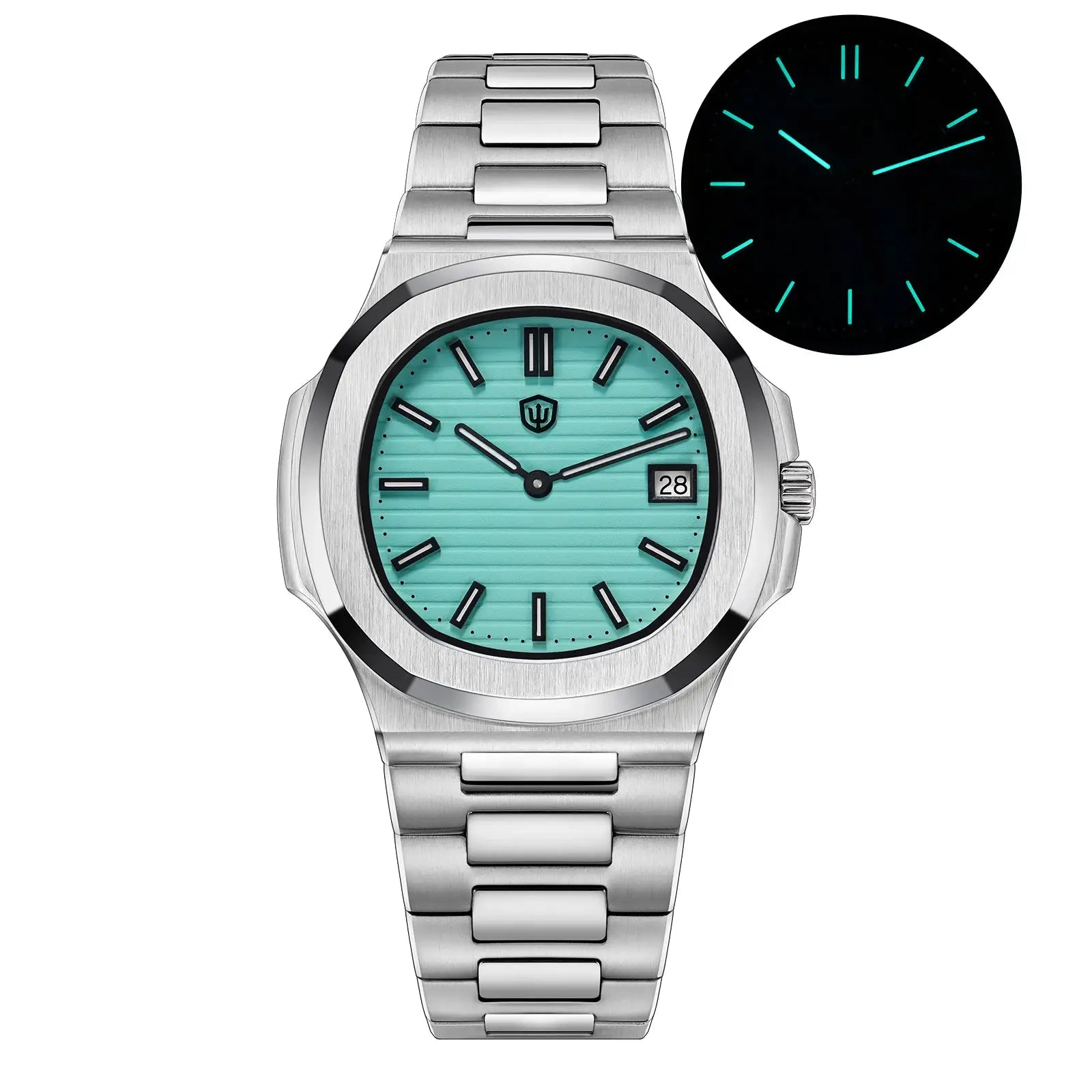 Watchdives WD0013 stainless steel men's watch with turquoise dial, date window, and glow-in-the-dark hands