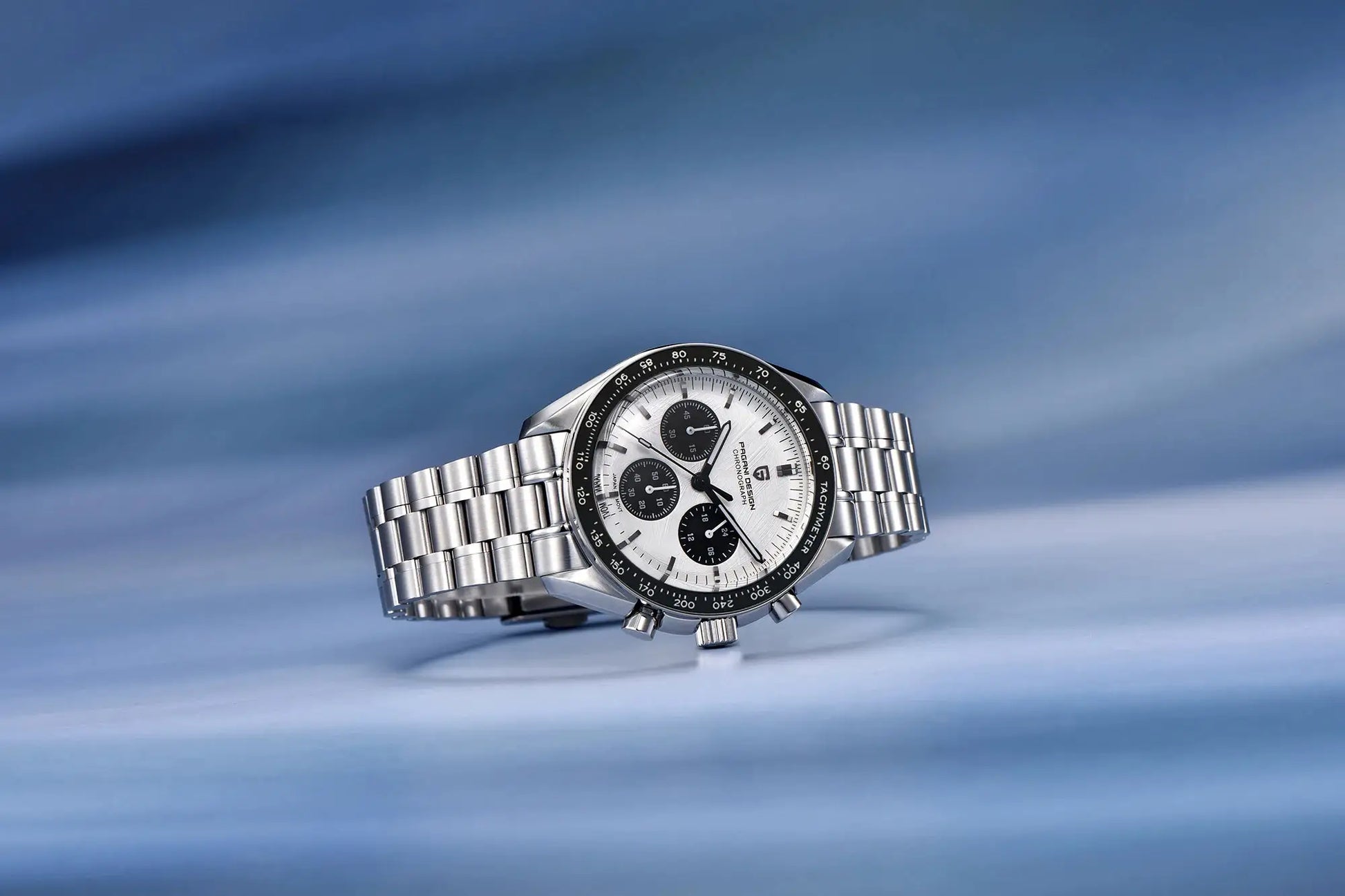 PAGANI DESIGN men's chronograph watch with stainless steel bracelet, silver dial and black tachymeter bezel.