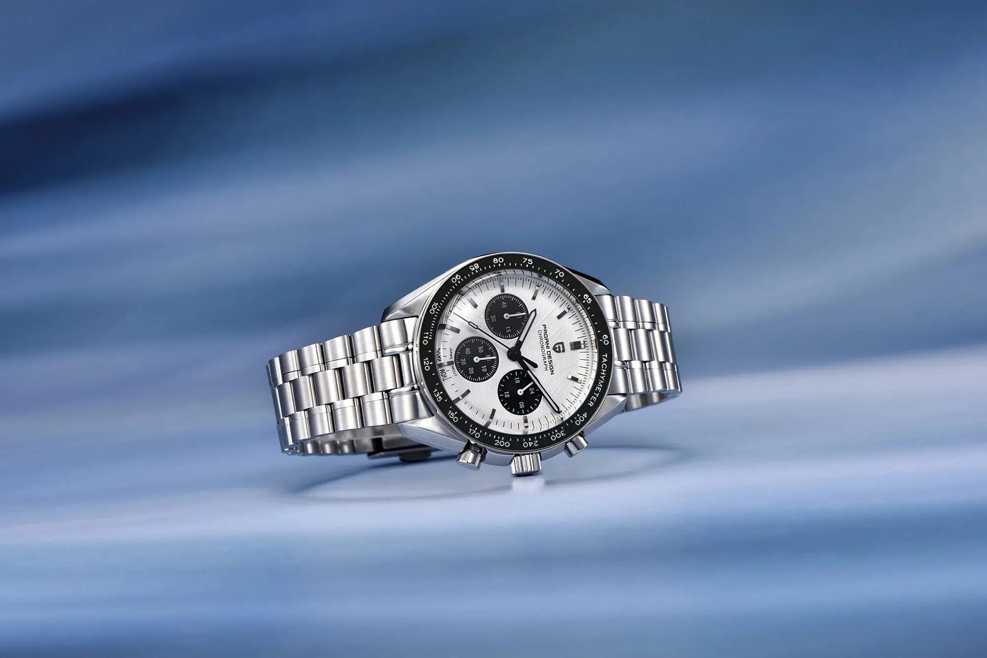 PAGANI DESIGN men's chronograph watch with stainless steel bracelet, silver dial and black tachymeter bezel.