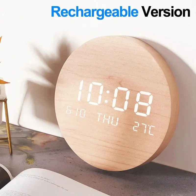 LED digital wooden wall clock by Simples Market with time, date and temperature display