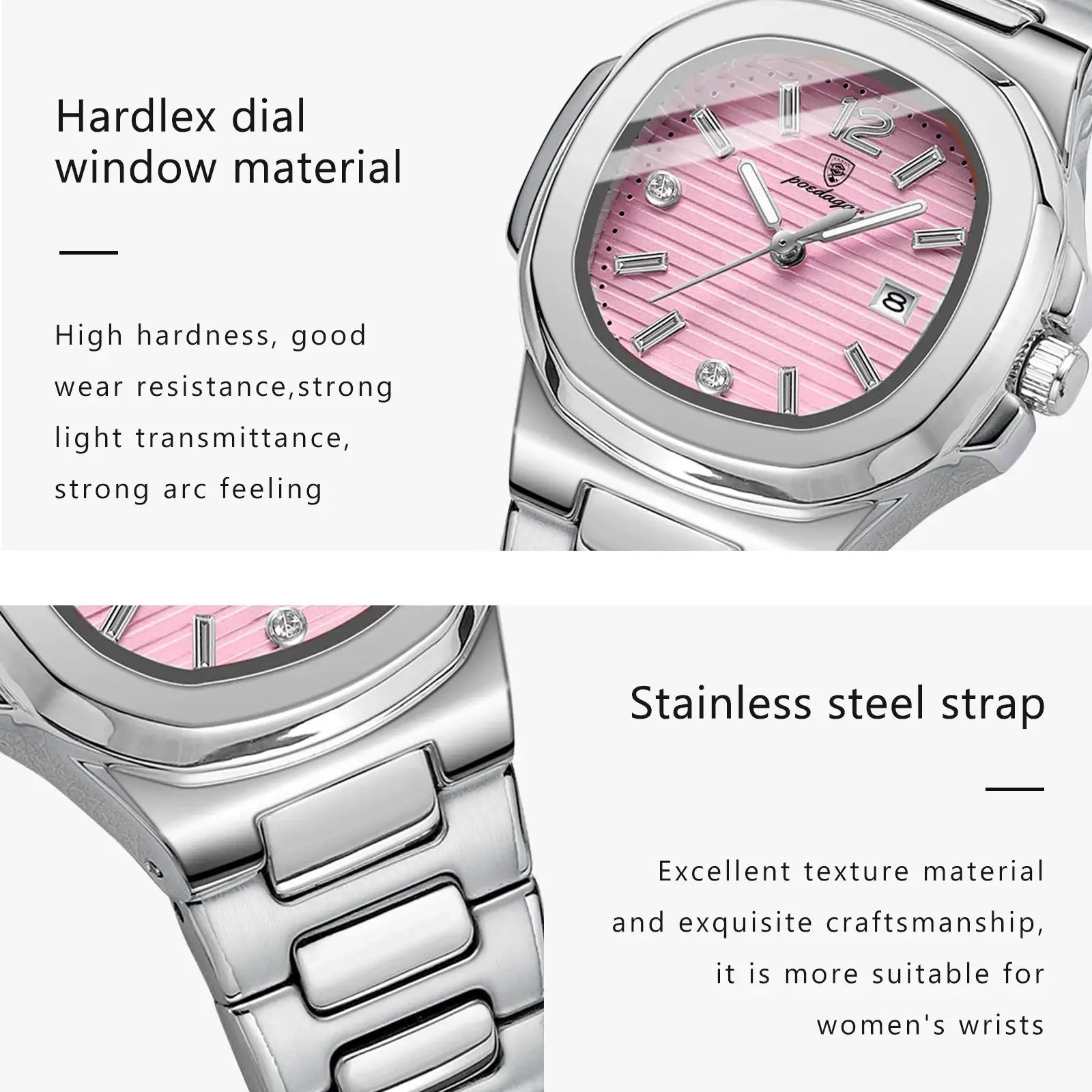 POEDAGAR pink dial square women's wristwatch with stainless steel strap