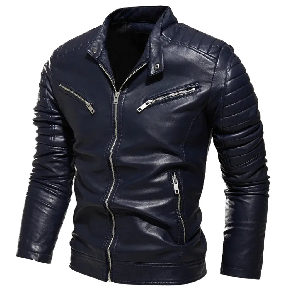 Simples Market men's black leather biker jacket with fur lining, quilted shoulders, front zip pockets