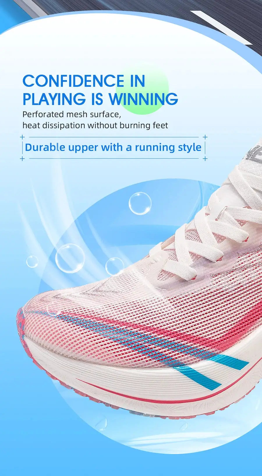 ONEMIX men's running shoe, pink mesh upper with white sole and blue accents