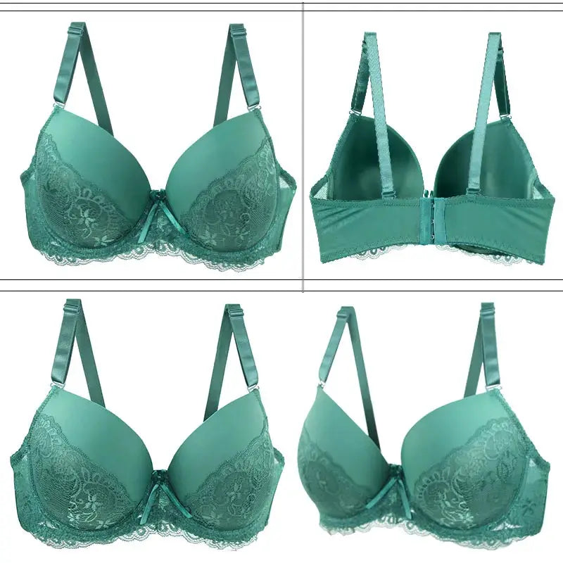 Push-up teal lace bra by Simples Market DaiNaFang; 4-view display showing front and back with bow detail.