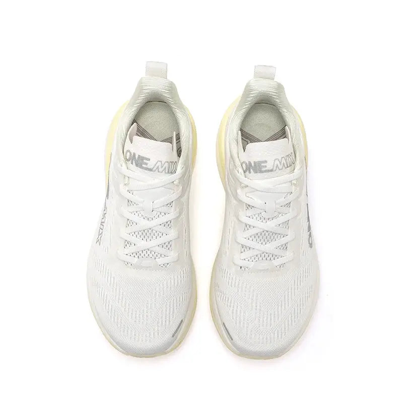 ONEMIX men's running shoes pair, white breathable mesh sneakers with light yellow soles.