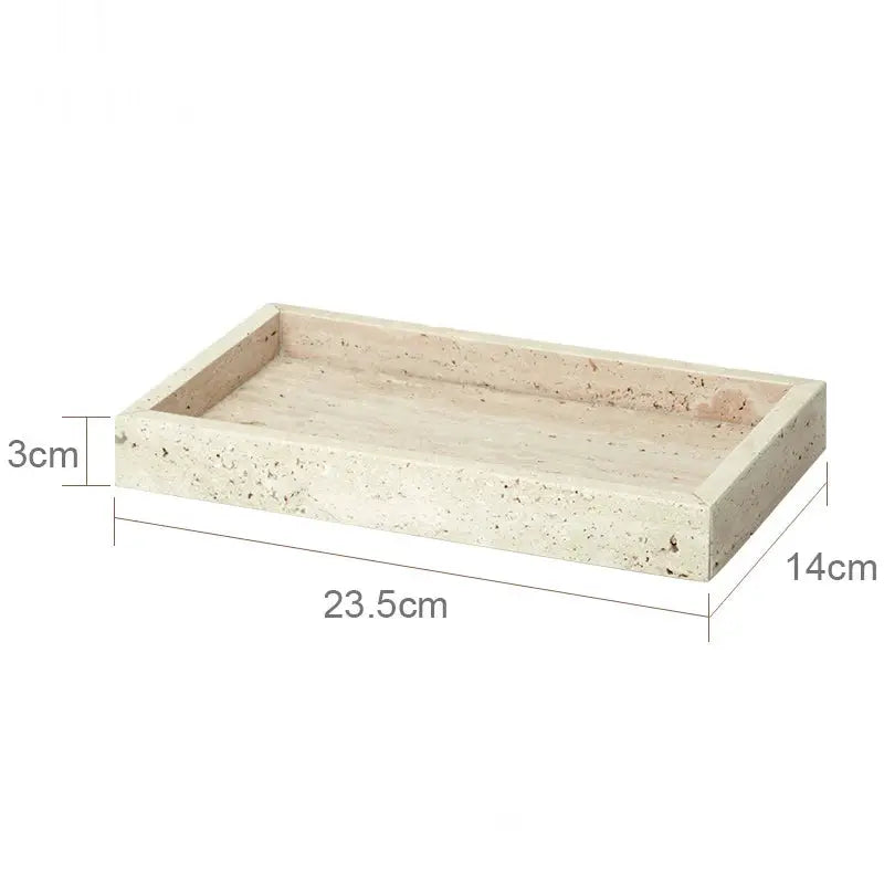 Beige travertine vanity tray by Simples Market, part of a bathroom accessories set