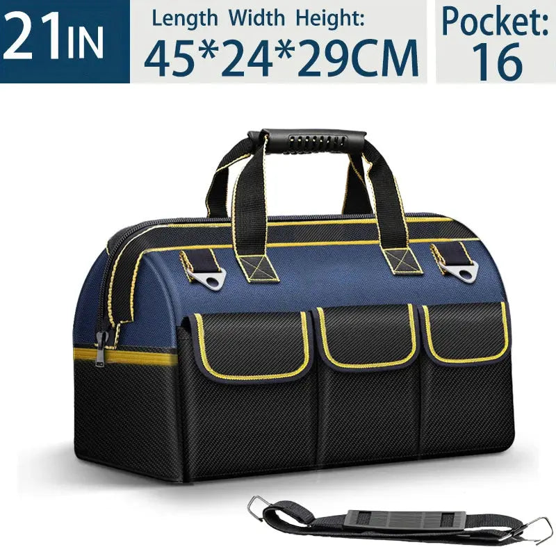 Multifunctional tool bag with blue body, black pockets and yellow trim; includes handles and detachable strap.