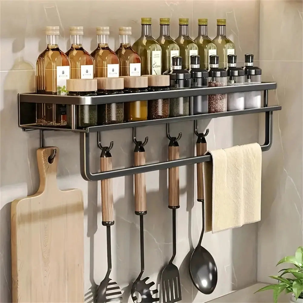 Multi-functional black metal wall-mounted storage rack with seasoning shelf and utensil hooks, Simples Market
