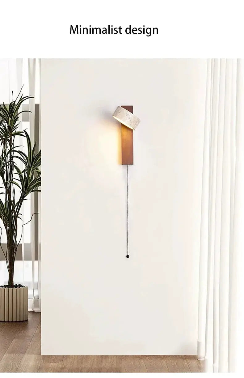Bedside wall lamp with walnut wood finish, cream shade, pull-chain LED light