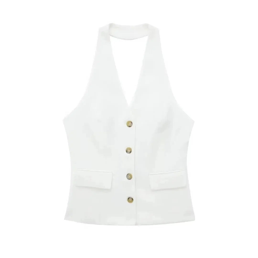 HH Women Pant Suit Set Halter Vest Blazer Top Zipper Pants Office Lady