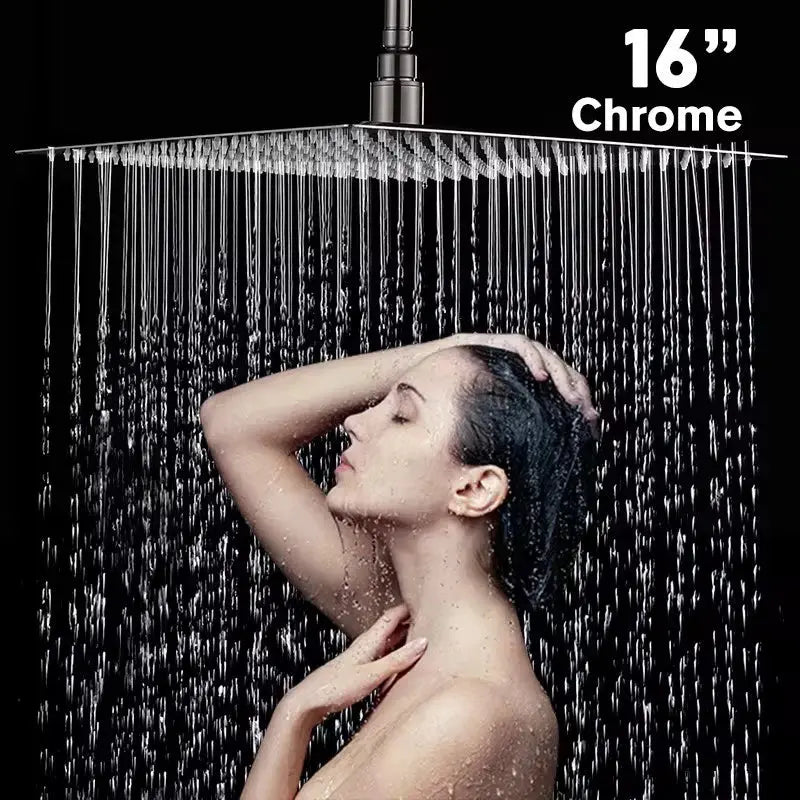 Shower head, 16-inch chrome rainfall design with cascading water.