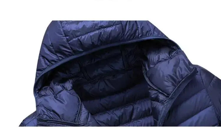 Men's navy blue hooded down jacket, ultralight, windproof and waterproof