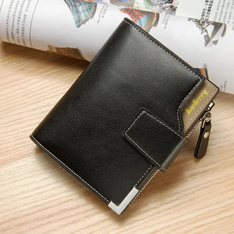 Baellerry short luxury men's wallet in black leather with zipper coin pocket and strap