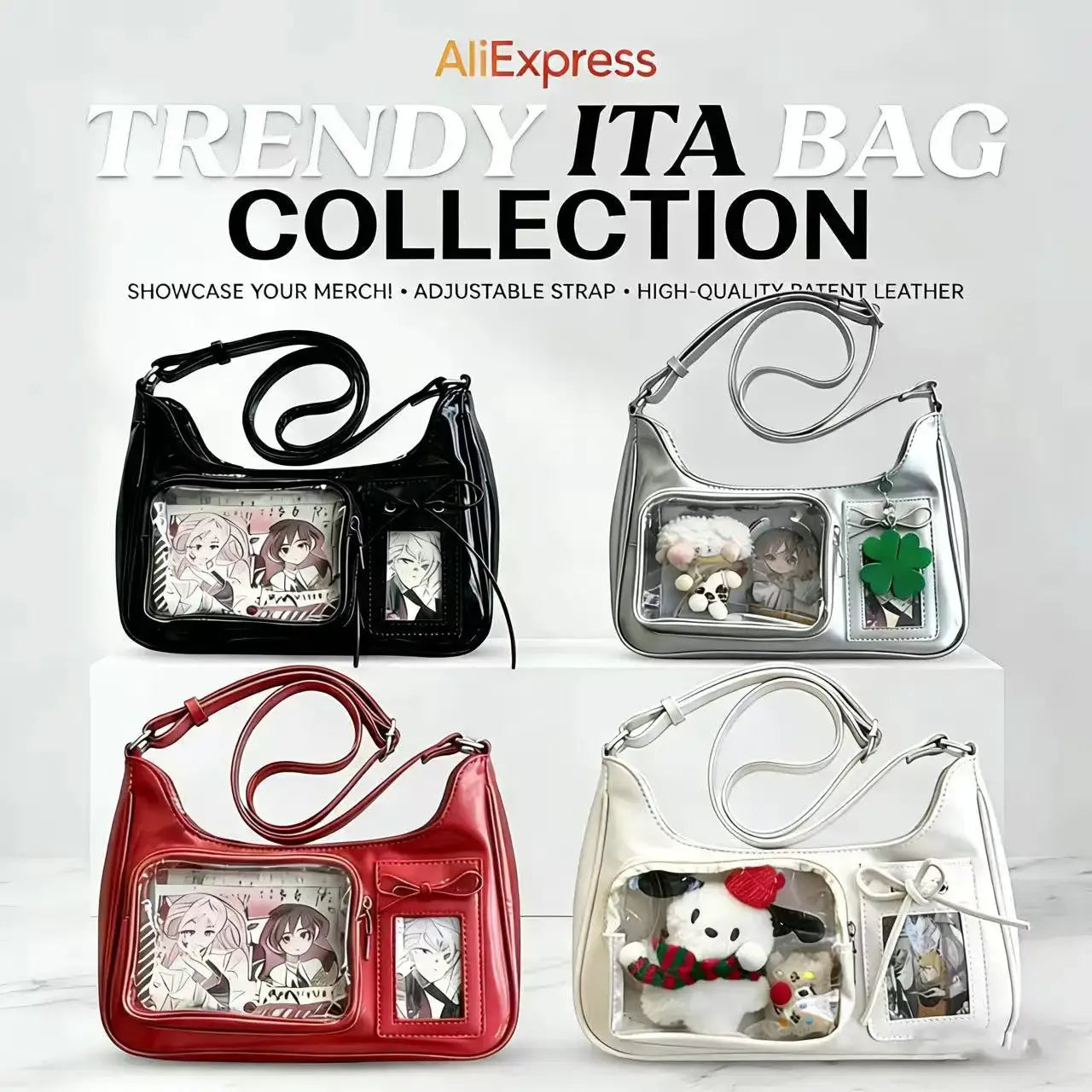 Simples Market ita bag set of four: transparent crossbody bags in black, red, silver, and white with clear front panels