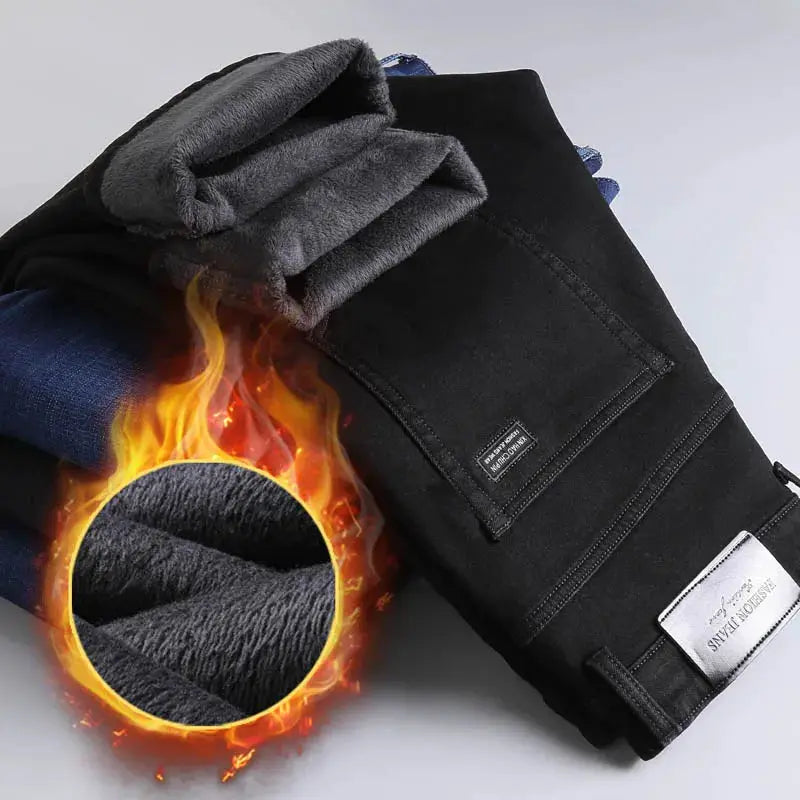 Men's black winter warm jeans with plush fleece lining; slim straight, elastic waistband, Simples Market.