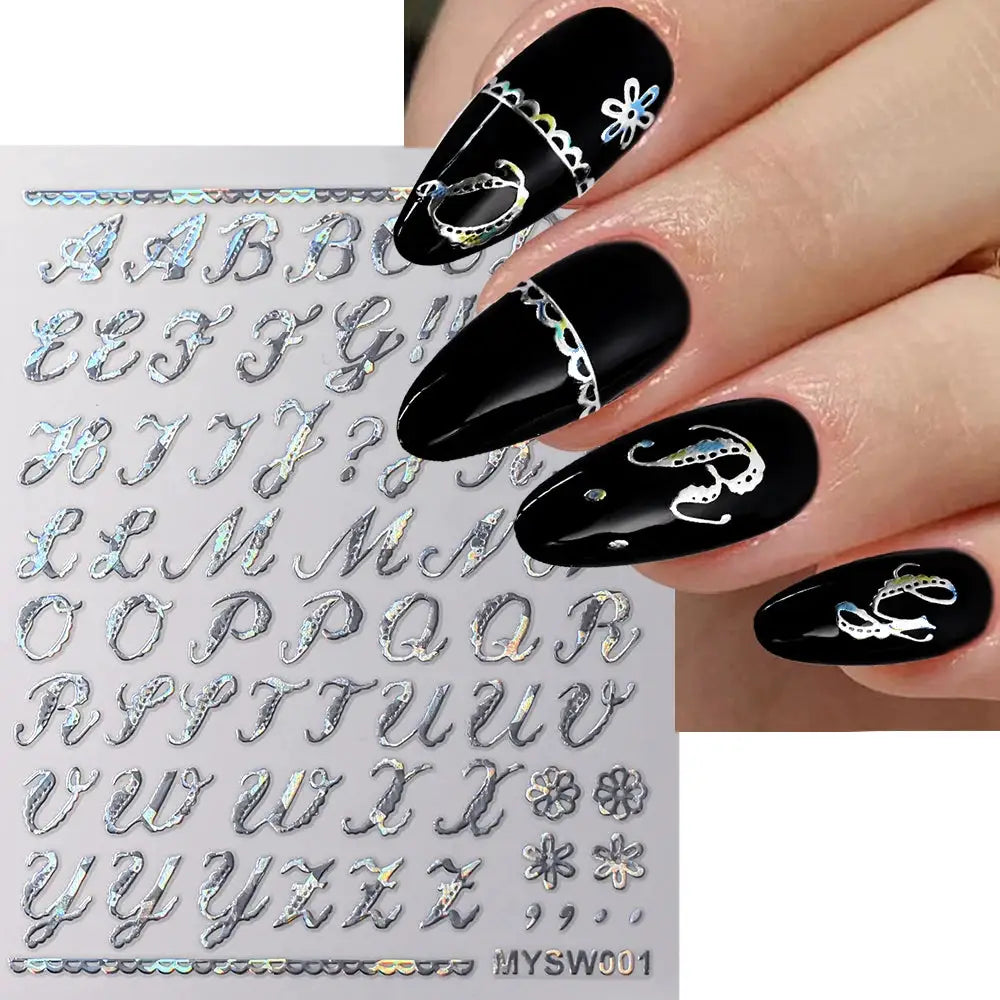 Simples Market 1pc 3D Roman letter nail stickers sheet, holographic silver alphabet decals (A–Z) for nails