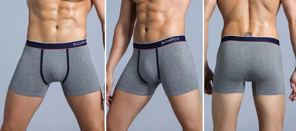 Boxer shorts set for men, 4pcs, grey cotton with navy Bonitos waistband, front, side and back views
