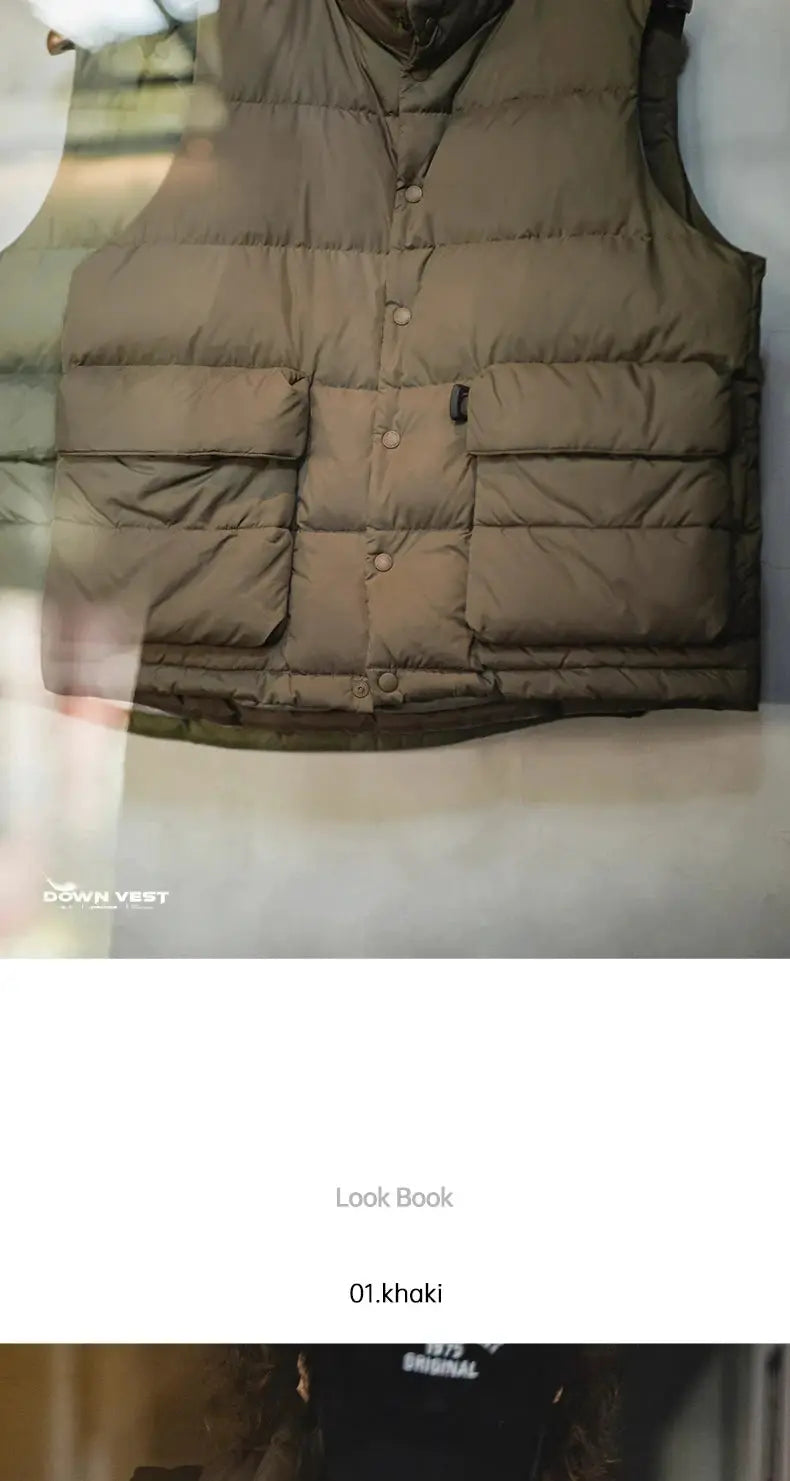 Maden men's khaki down vest with white duck-down filling, front snap buttons and large dual patch pockets