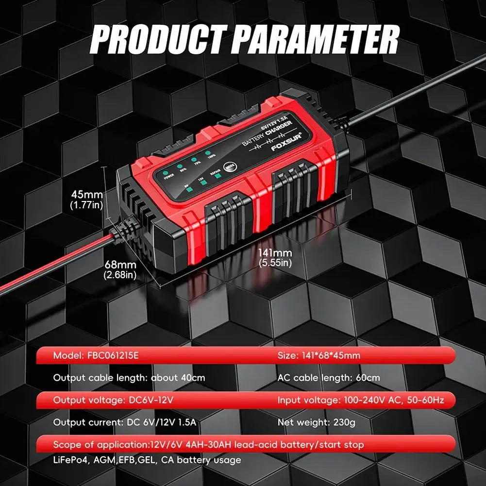 VoltGuard Smart Car And Motorcycle Battery Charger 6V 12V With Auto Voltage Detection And Safety Protections