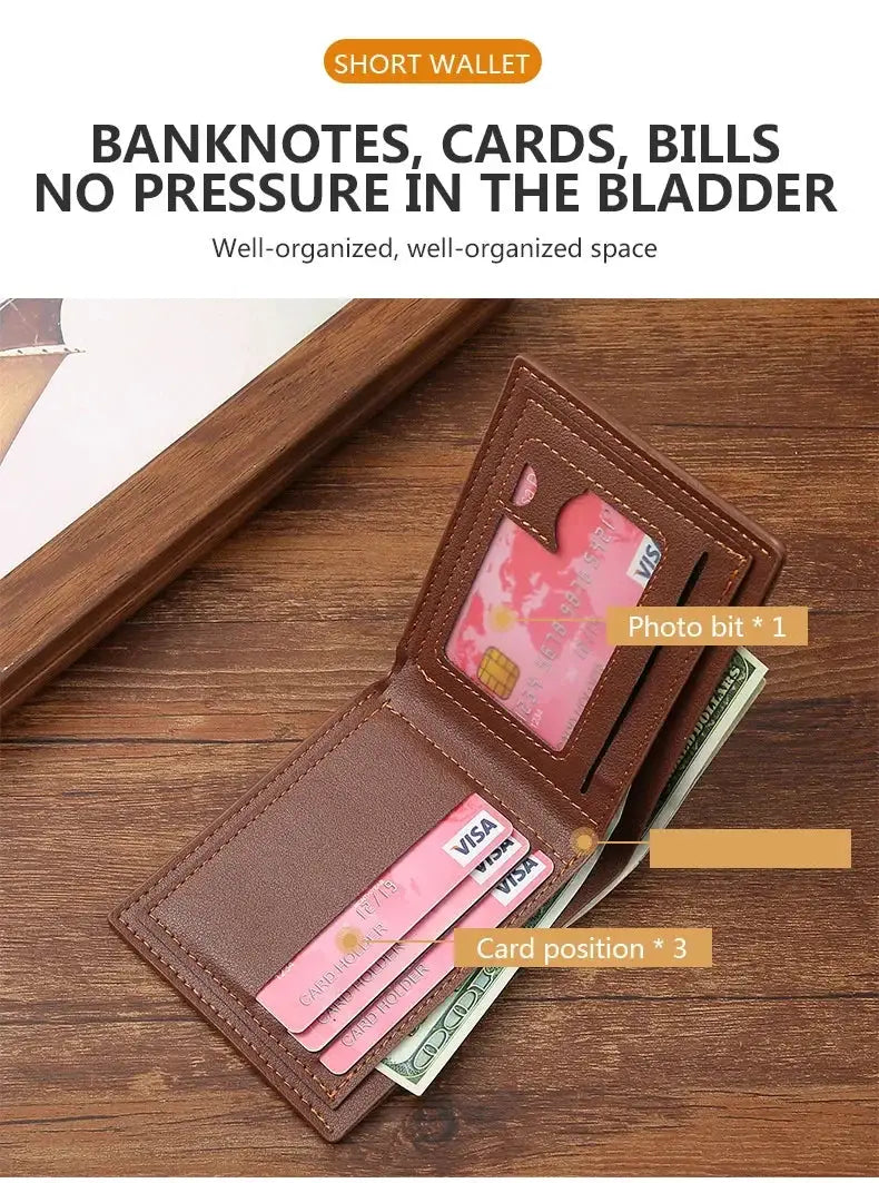 Slim brown leather bifold wallet for men with RFID blocking, front pocket card slots and cash compartment.