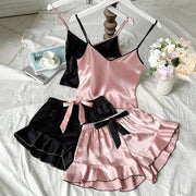 LuxeLuna Satin Pajama Set With Breathable V Neck Top Ruffled Edges And Bow Shorts