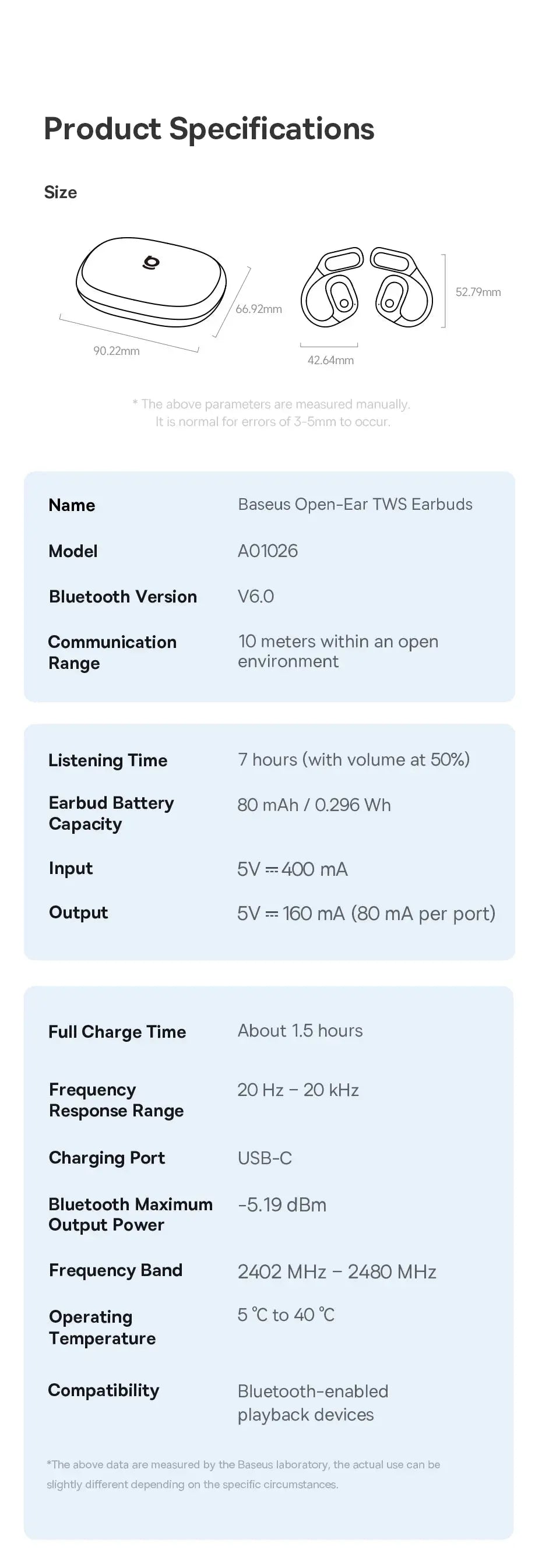 Baseus Eli 2i Fit Open-Ear Earphones specifications infographic showing charging case and earbuds dimensions.
