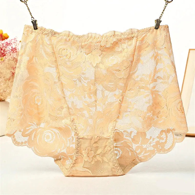 Peach lace high-waist panties, plus-size floral lace underwear