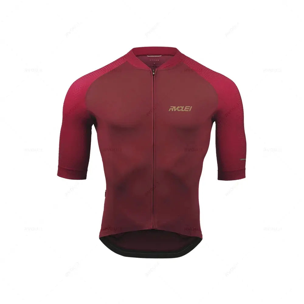 Rvouei Pro Team cycling jersey, burgundy breathable short-sleeve with full-length zipper and chest logo