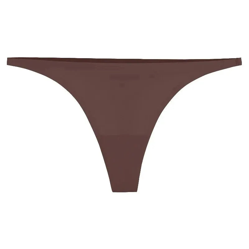 Simples Market seamless thong panty in brown ice-silk fabric, bikini-string style.