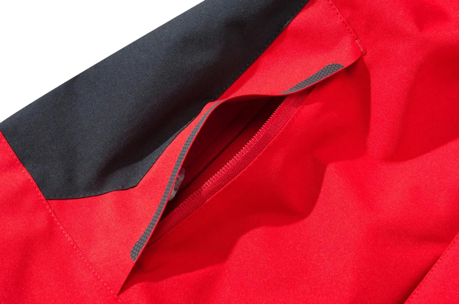 Men's waterproof hiking jacket, red with black collar, zip pocket detail
