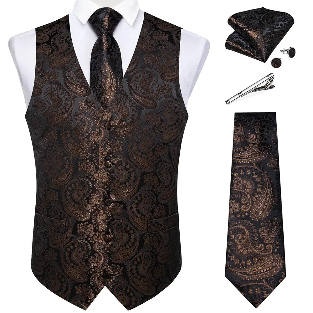 Black Jacquard Men Vest Paisley Single Breasted Wedding Groom