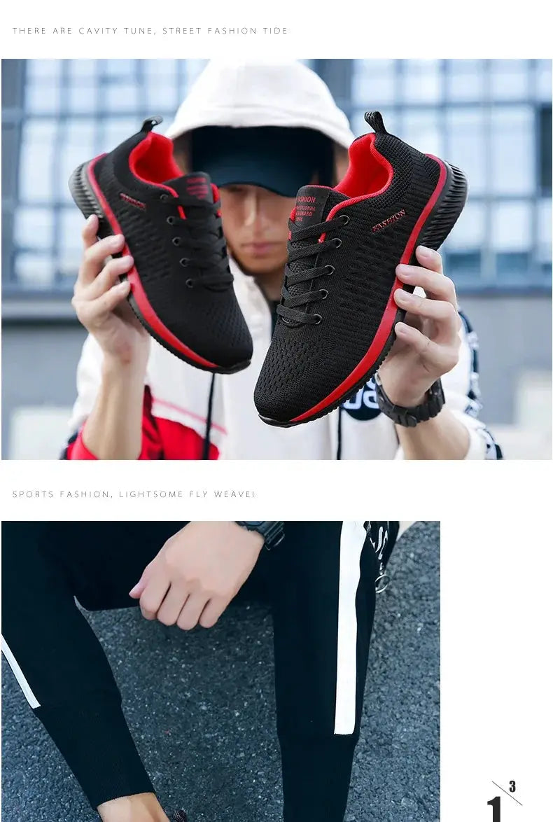 Simples Market knit running sneakers, black with red accents, breathable athletic shoes pair