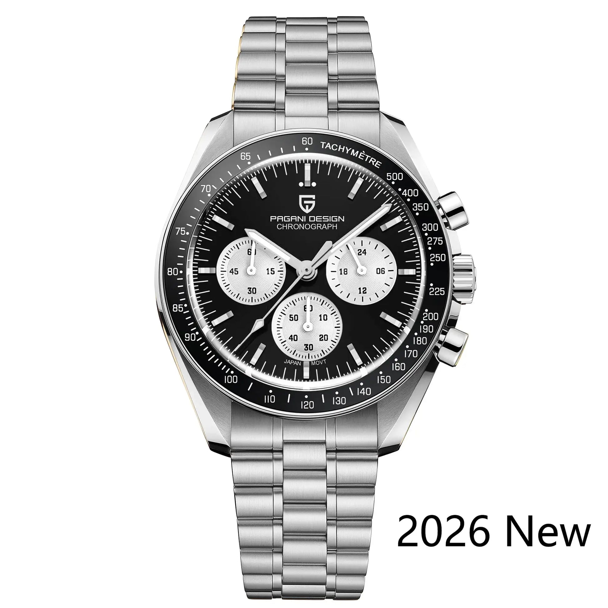 Pagani Design chronograph men's wristwatch with stainless steel bracelet, black dial and tachymeter bezel.