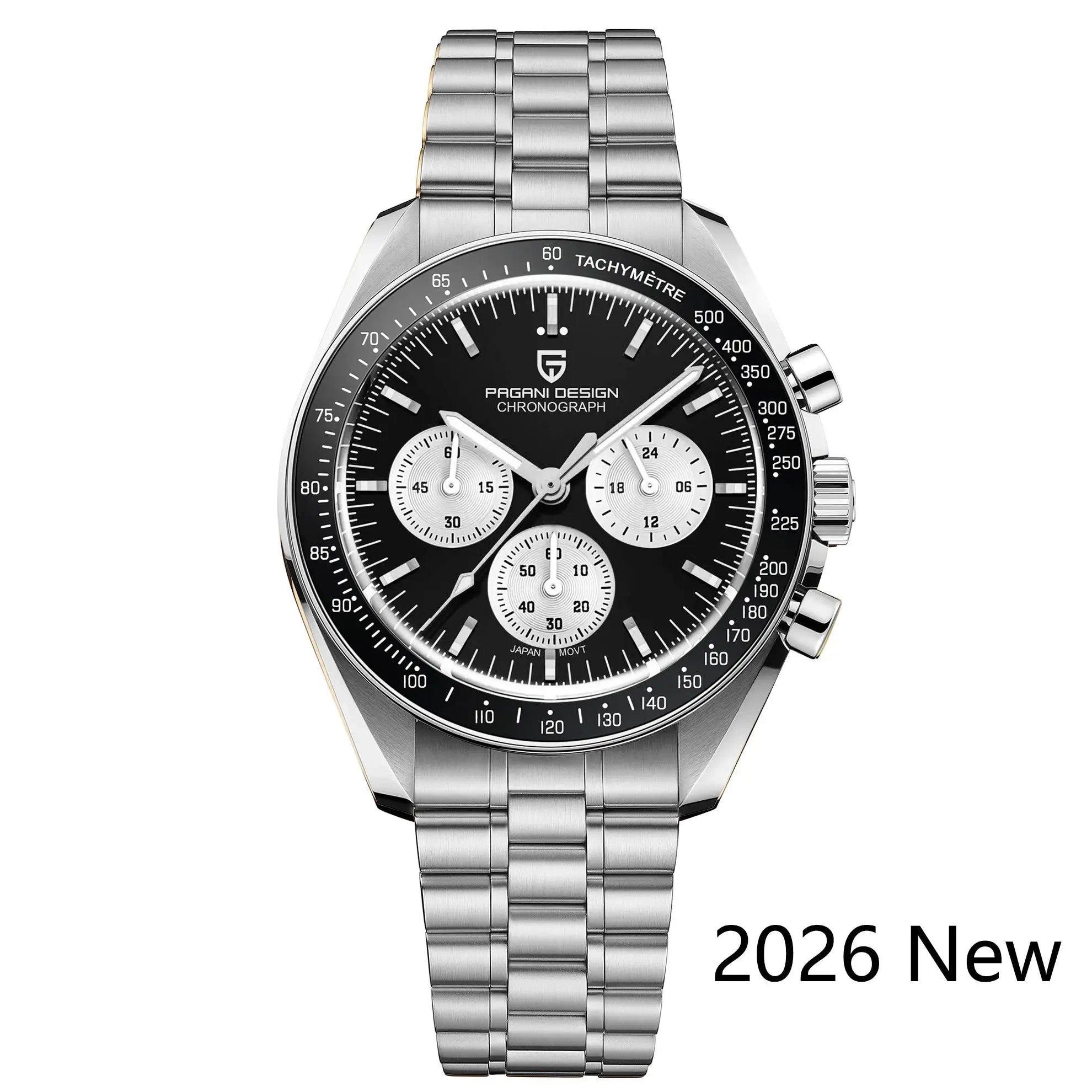 Pagani Design chronograph men's wristwatch with stainless steel bracelet, black dial and tachymeter bezel.