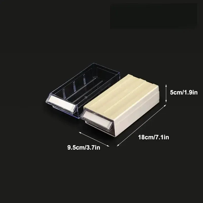 Two LEADLOONG F1 desktop storage drawers, beige body with clear fronts; dimensions 18x9.5x5 cm.