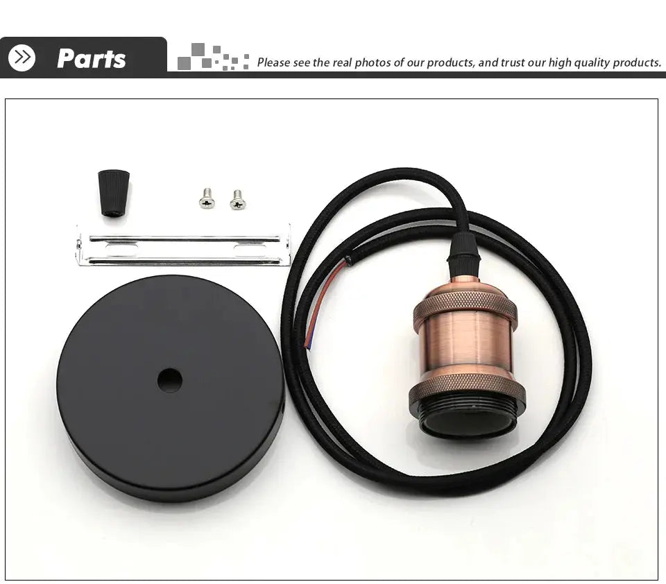 Aluminum pendant lamp kit with copper E27 socket, black canopy, braided cord and mounting hardware (6 pcs).