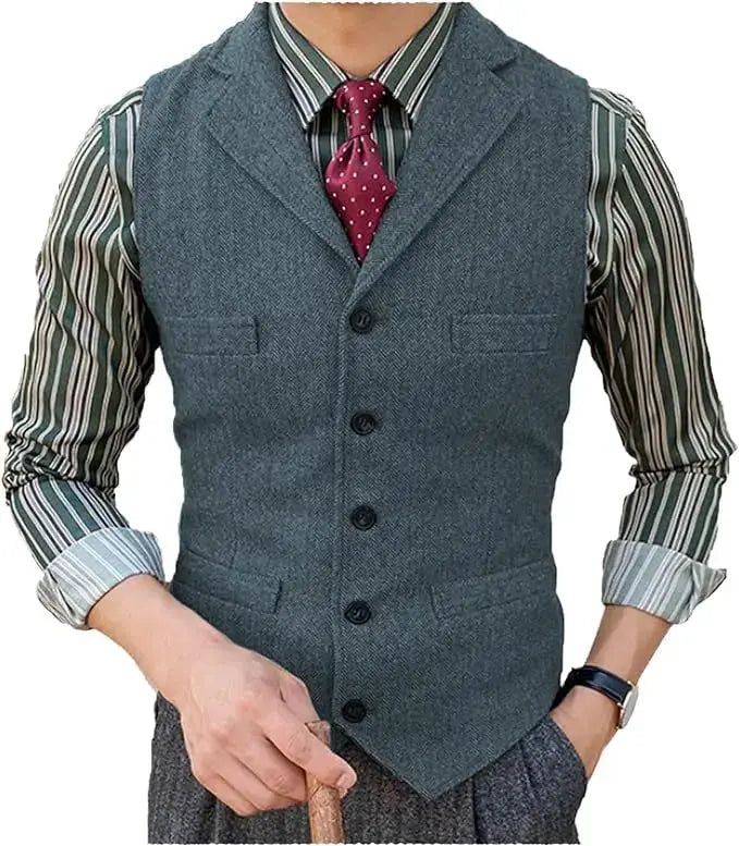 Mens wool herringbone vest waistcoat with lapel V-neck in gray by Simples Market